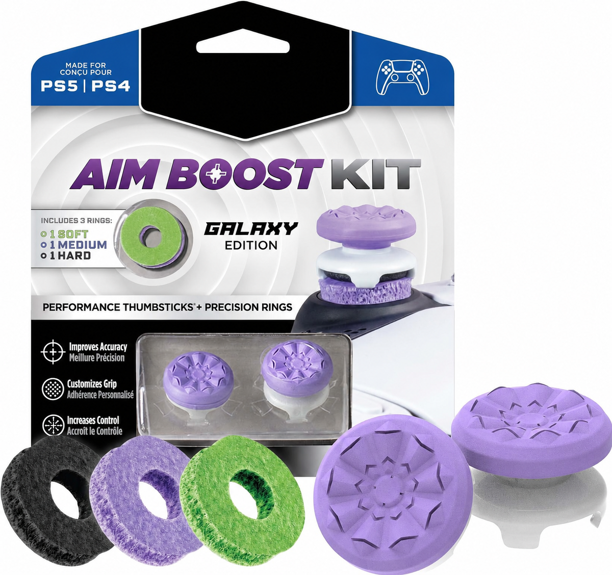 Aim Boost Kit for Playstation 5 (PS5) and Playstation 4 (PS4) Controller | Includes Performance Thumbsticks and Precision Rings | Galaxy Edition