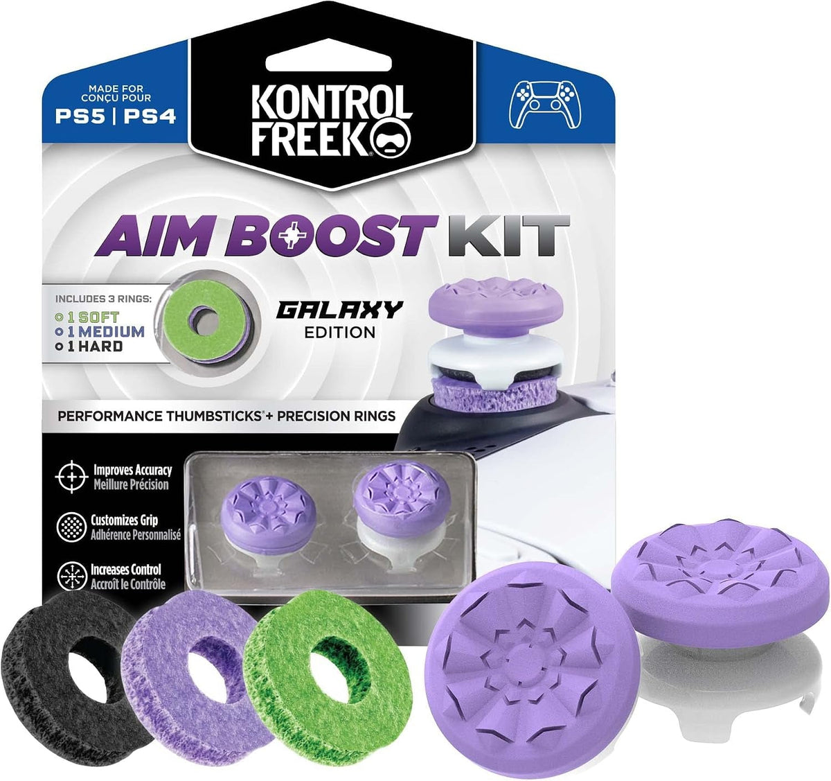 Aim Boost Kit for Playstation 5 (PS5) and Playstation 4 (PS4) Controller | Includes Performance Thumbsticks and Precision Rings | Galaxy Edition