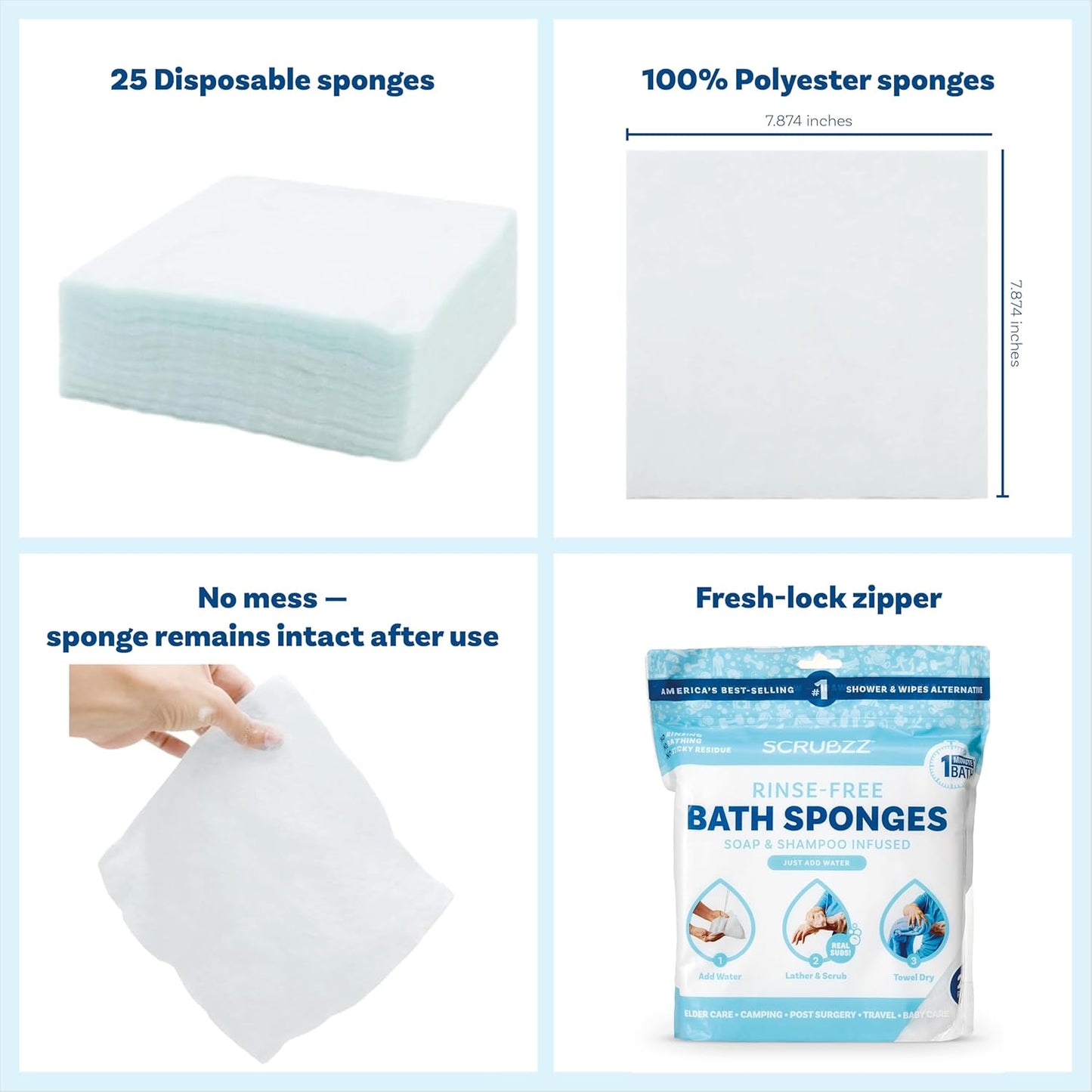 Disposable Rinse Free Bathing Wipes - 25 Pack - All-In-1 Single Use Shower Wipes, Simply Dampen, Lather, and Dry without Shampoo or Rinsing