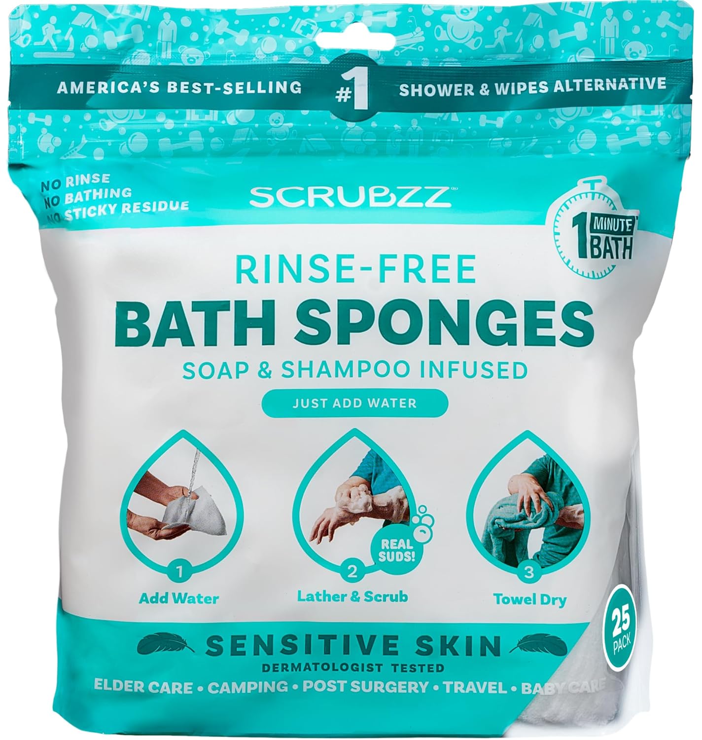 Disposable Rinse Free Bathing Wipes - 25 Pack - All-In-1 Single Use Shower Wipes, Simply Dampen, Lather, and Dry without Shampoo or Rinsing