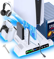 Ps5/Slim/Pro Stand and Cooling Station with LED Controller Charging Station for Playstation 5 Console, Controller Charger, Cooling Stand, Ps5/Slim/Pro Skin Accessories Kit with 3 Level Cooler Fan