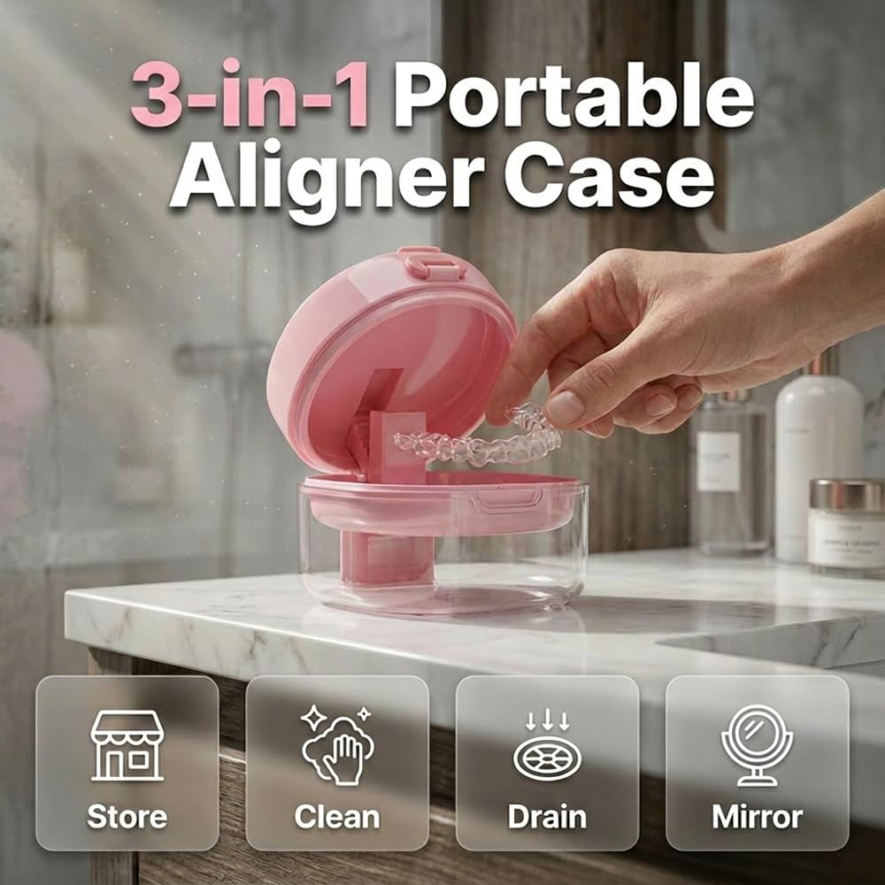 3-In-1 Retainer Case for Cleaning, Drying and Storage, Portable Denture Bath Box with Drainage Tray, Retainer Soaking Case for Aligner and Mouth Guard (Blue)