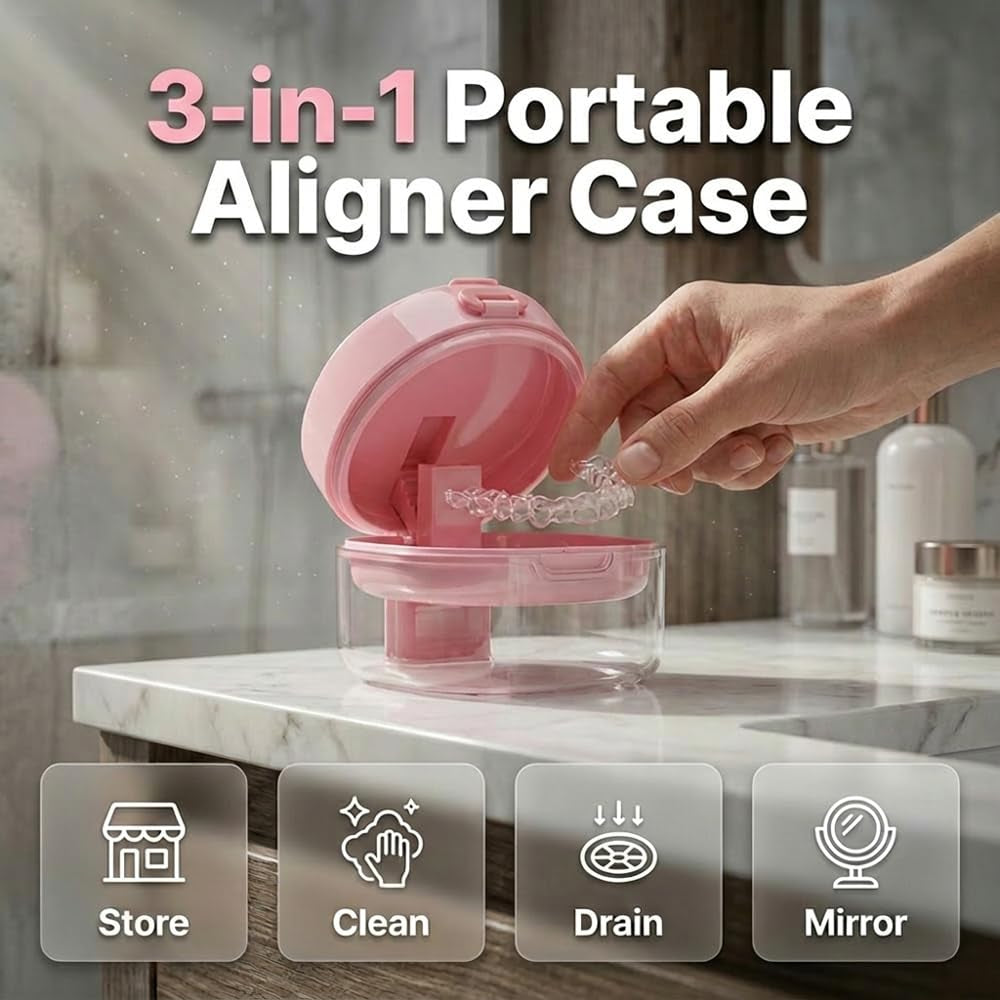 3-In-1 Retainer Case for Cleaning, Drying and Storage, Portable Denture Bath Box with Drainage Tray, Retainer Soaking Case for Aligner and Mouth Guard (Blue)